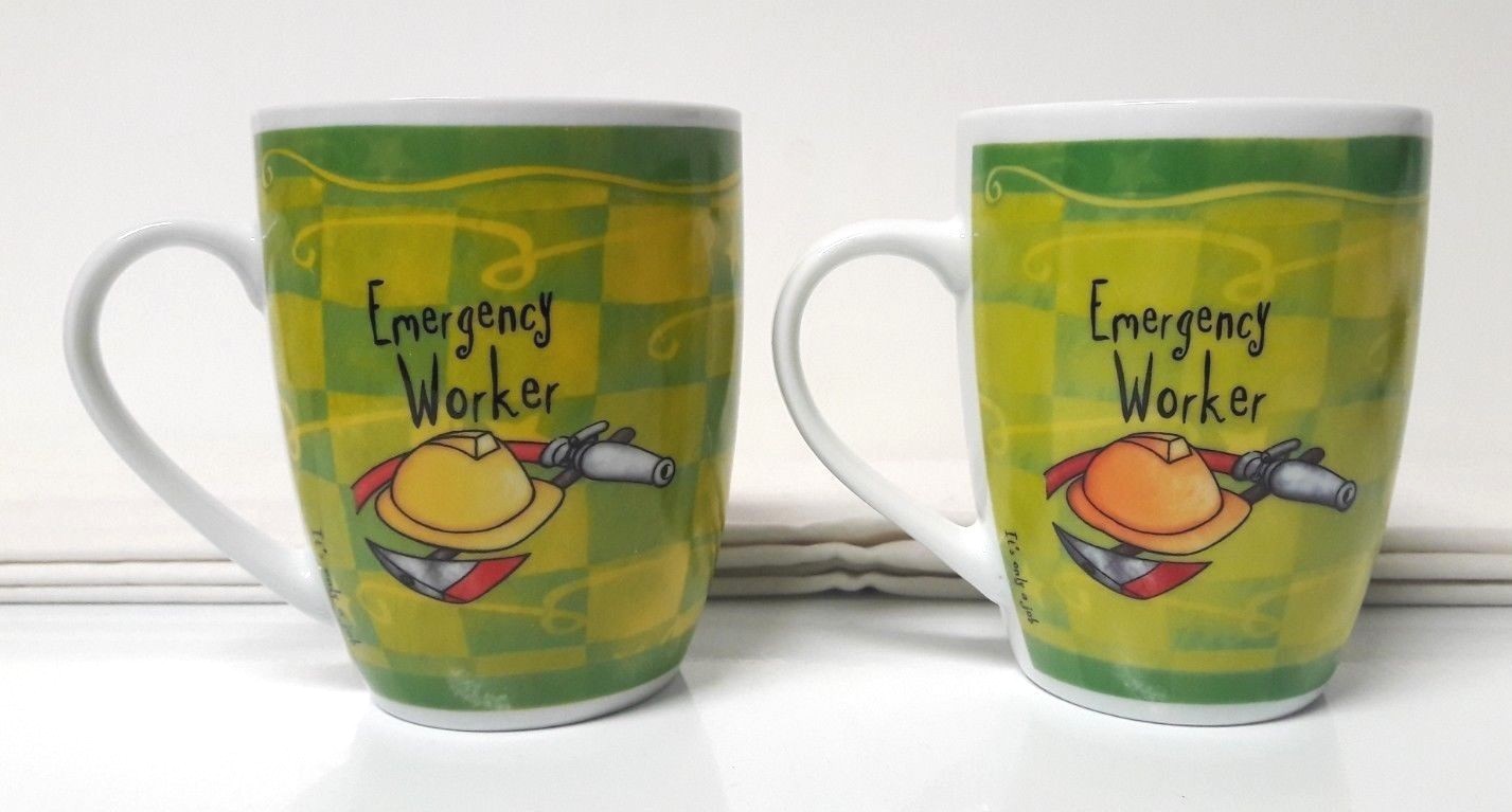 2 Mugs, EMERGENCY WORKER, H&H/History & Heraldry Porcelain Lime Green, VG Cond.