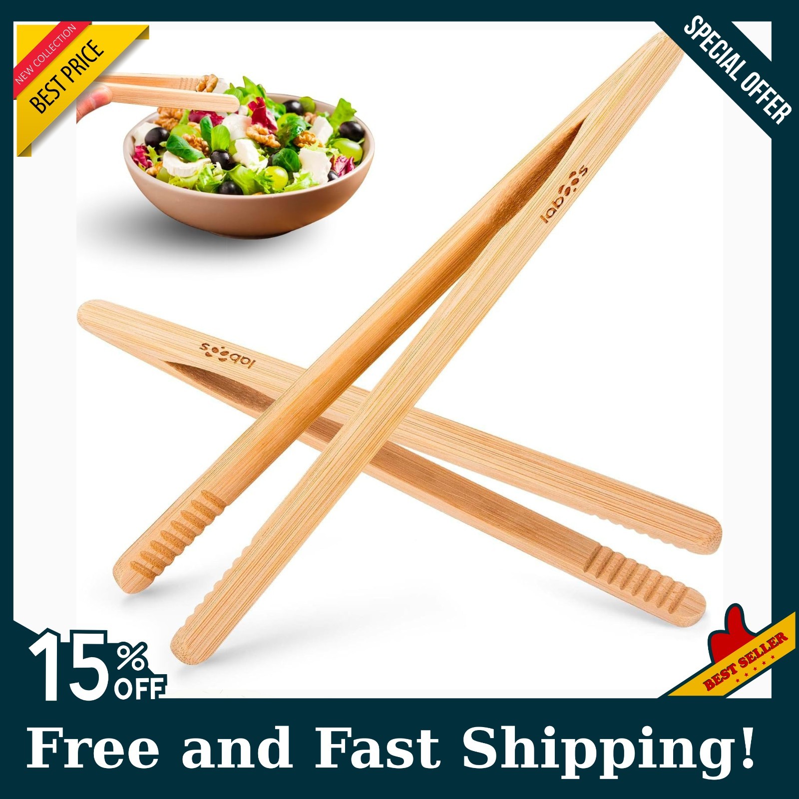 2PCS Pampered Chef 8" Bamboo Wooden Kitchen Toaster Tongs, Free Shipping! NEW!..
