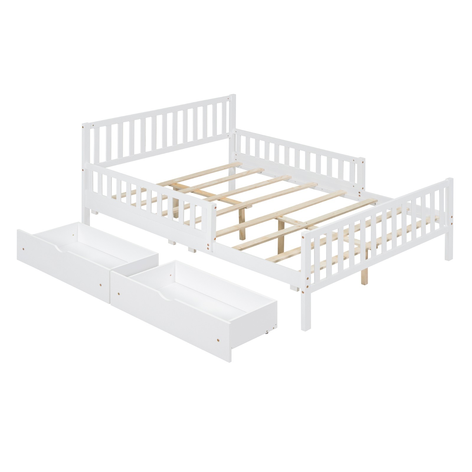 Full Size Wood Platform Bed (Dual-Side Guardrails, 2 Storage Drawers)