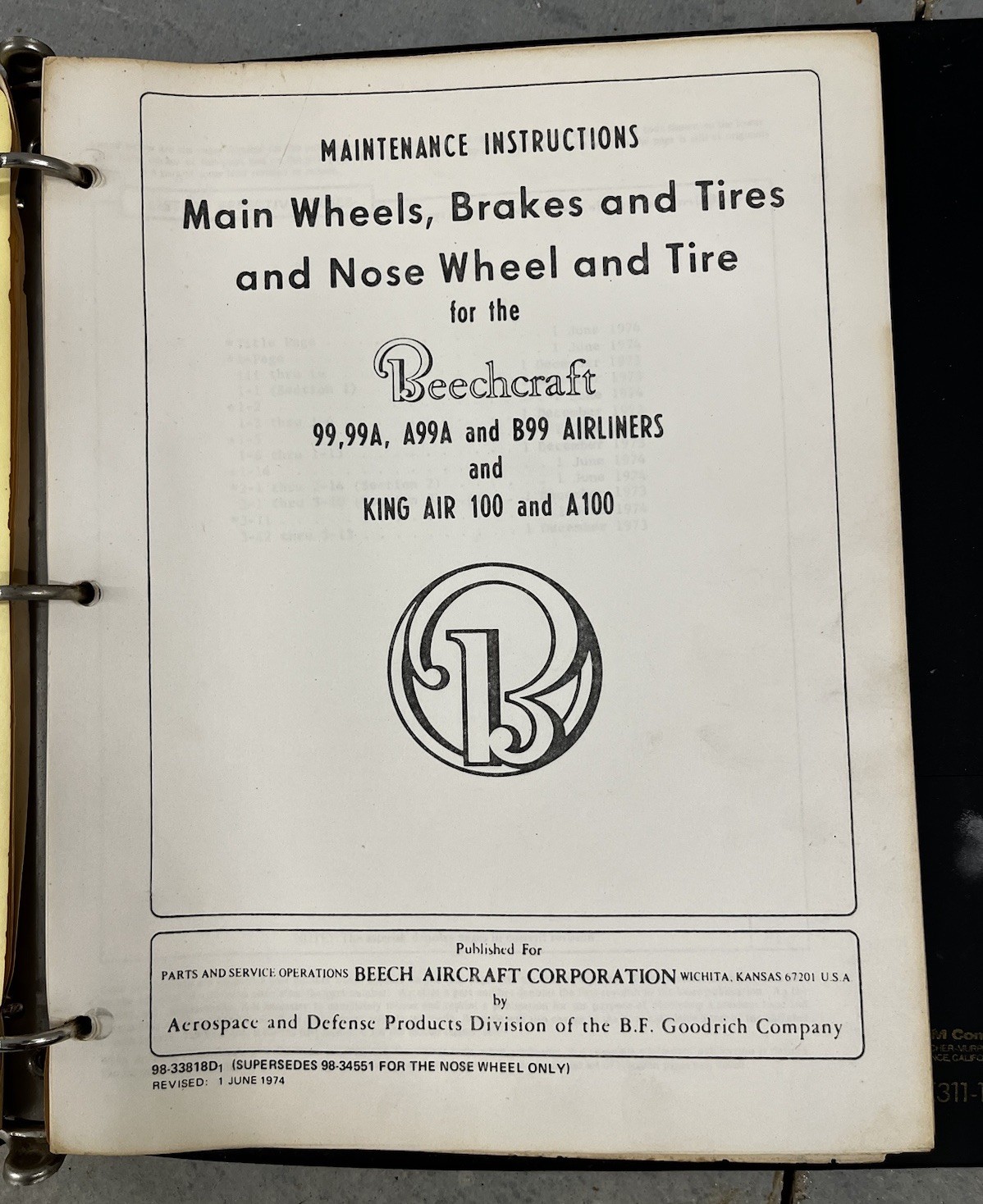 Beech 99 & 100 Main Wheels, Brakes & Tires & Nose Wheel, Tire Maintenance Instr