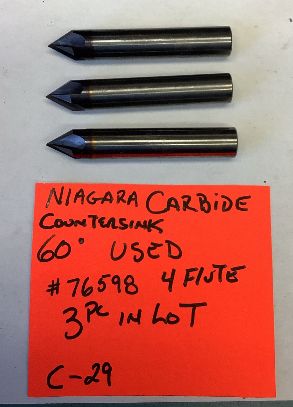 Carbide Countersink,NIAGARA, #76598, 1/2” X 3” 60 Degree,USED,(3 Pc In Lot) C-29