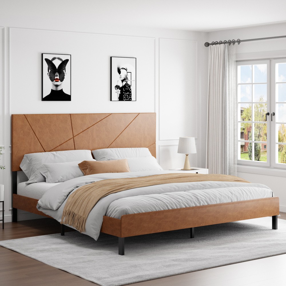 King Size Bed Frame Metal Platform w/ Upholstered Headboard & Under-Bed Storage