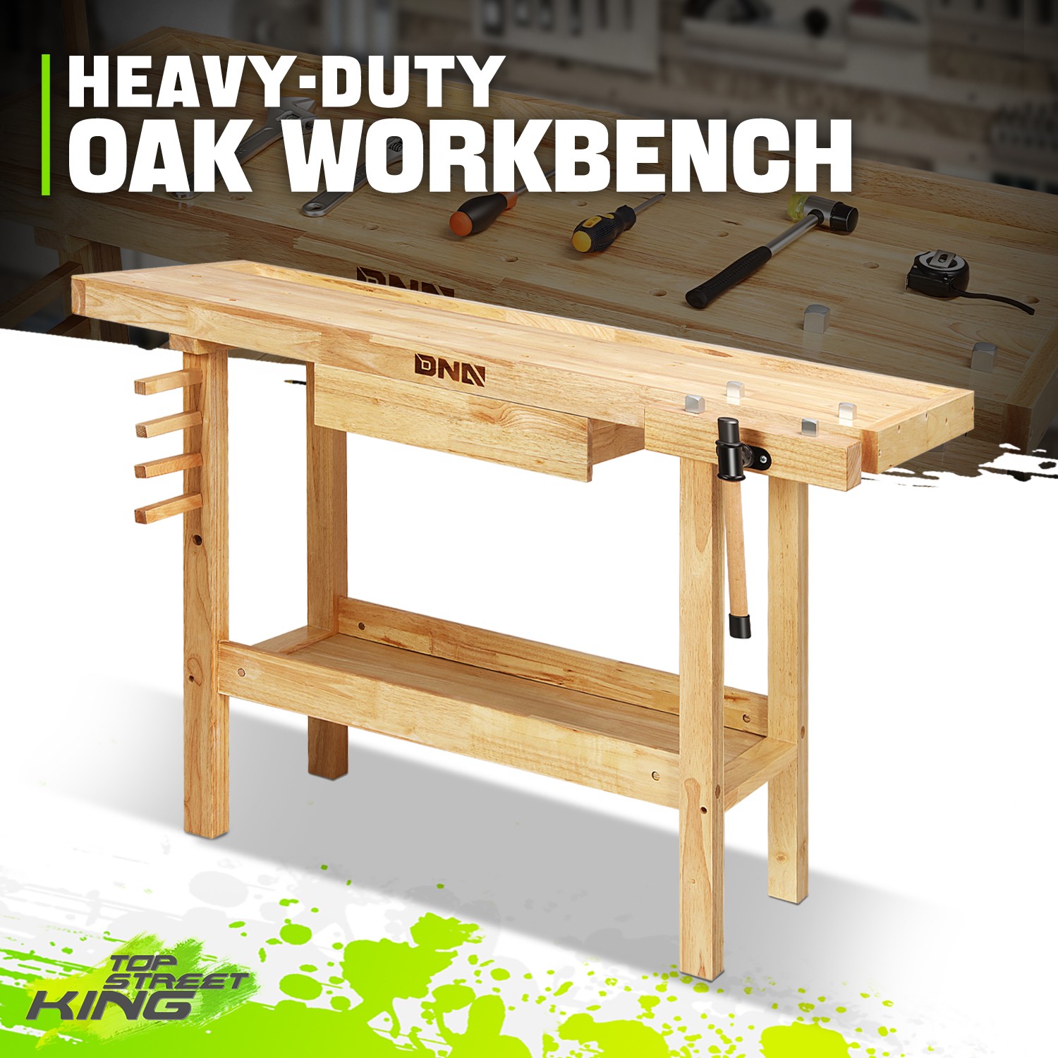 Solid Rubber Wood Workbench Work Desk w/ Drawer + Open Space + Adjustable Handle