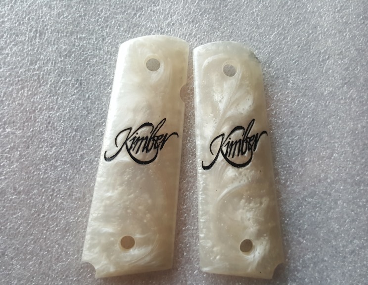 GORGEOUS KIMBER LOGO ON WHITE PEARL RESIN GRIP FOR COLT KIMBER 1911 FULL SIZE
