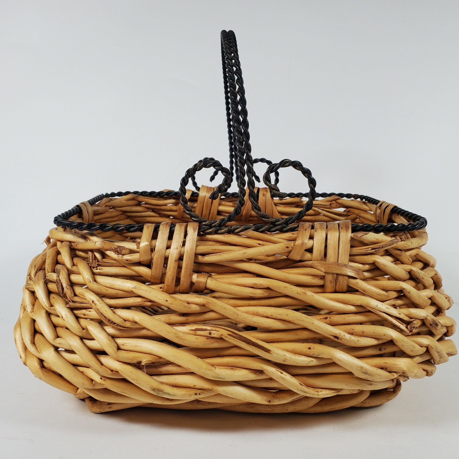 Bamboo Straw Basket With Metal Twisted Handle 8"H X 9.5"L