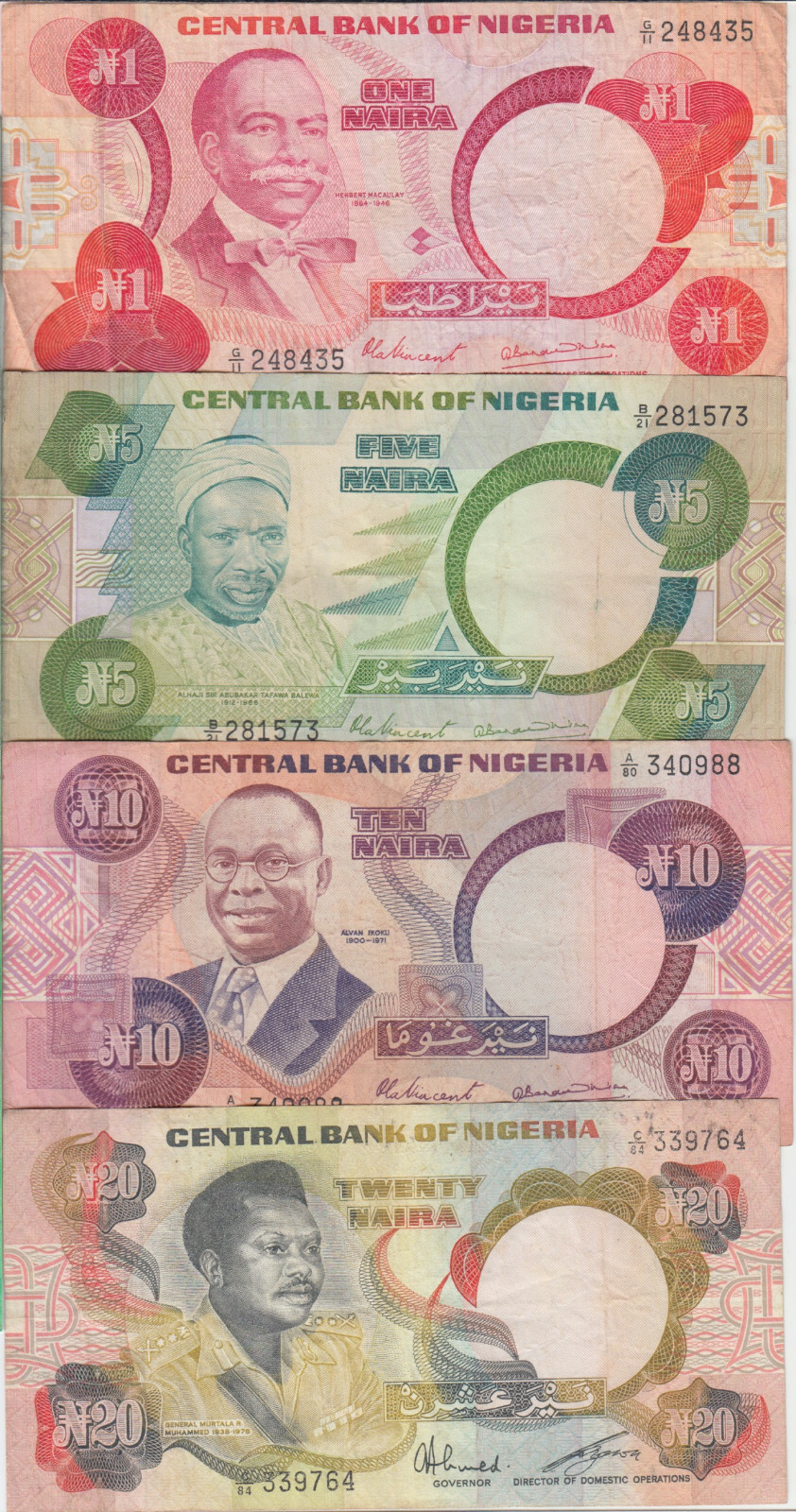 Nigeria banknote P.18-21 Complete set 1-5-10-20 Naira, Nice CRC We Combine