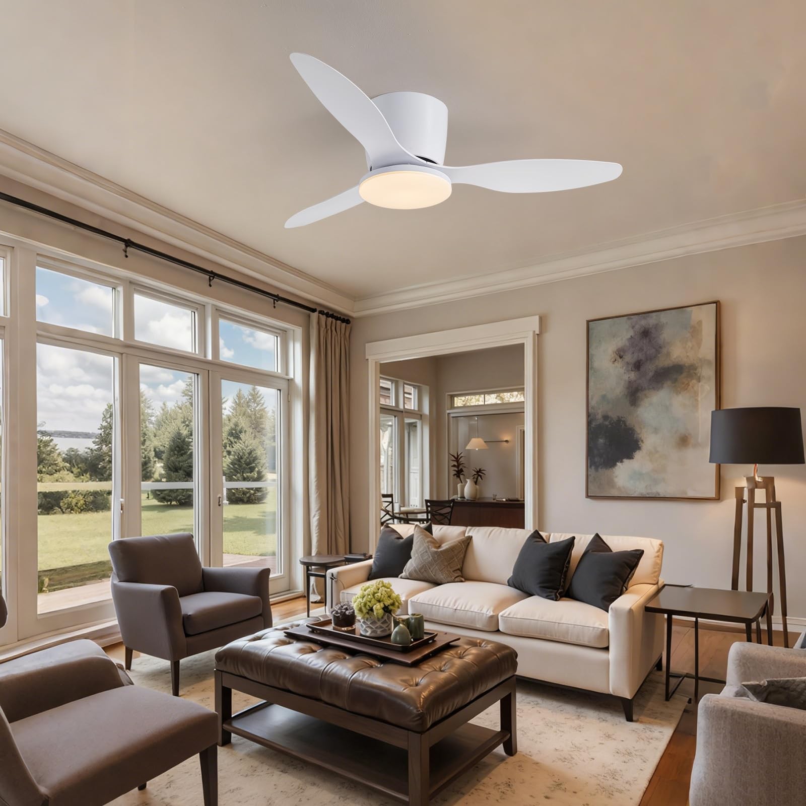 42 Inch Flush Mount Ceiling Fan With Light Remote Low Profile White