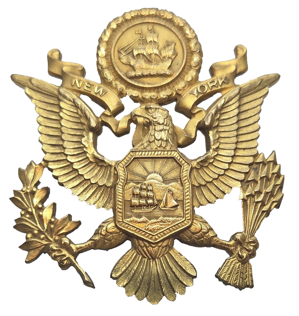 New York Militia Officer Service Cap Badge New York Guard Gold-tone 2.5" x 2"