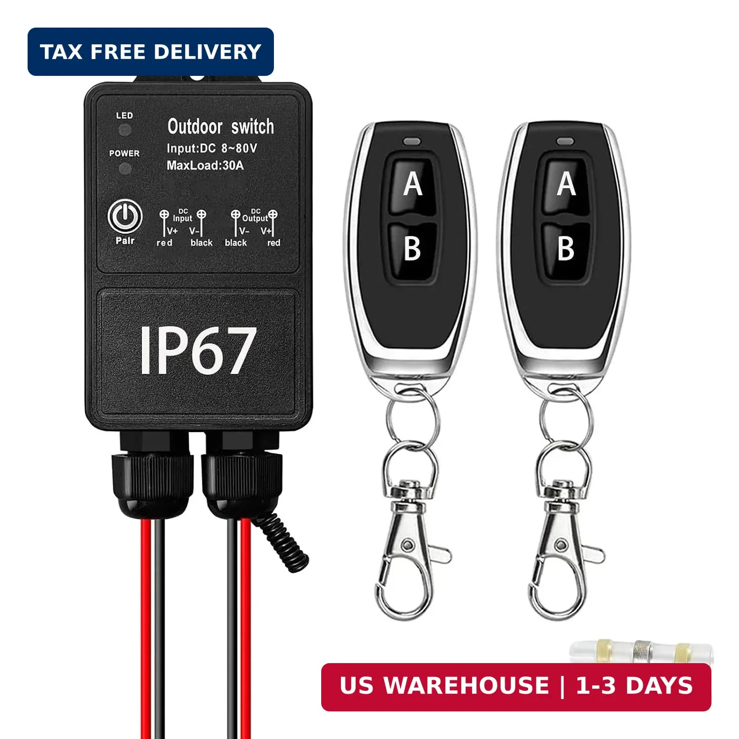 12V Remote Control Switch. IP67 Waterproof DC8-80V 30A Relay Wireless Switch wit