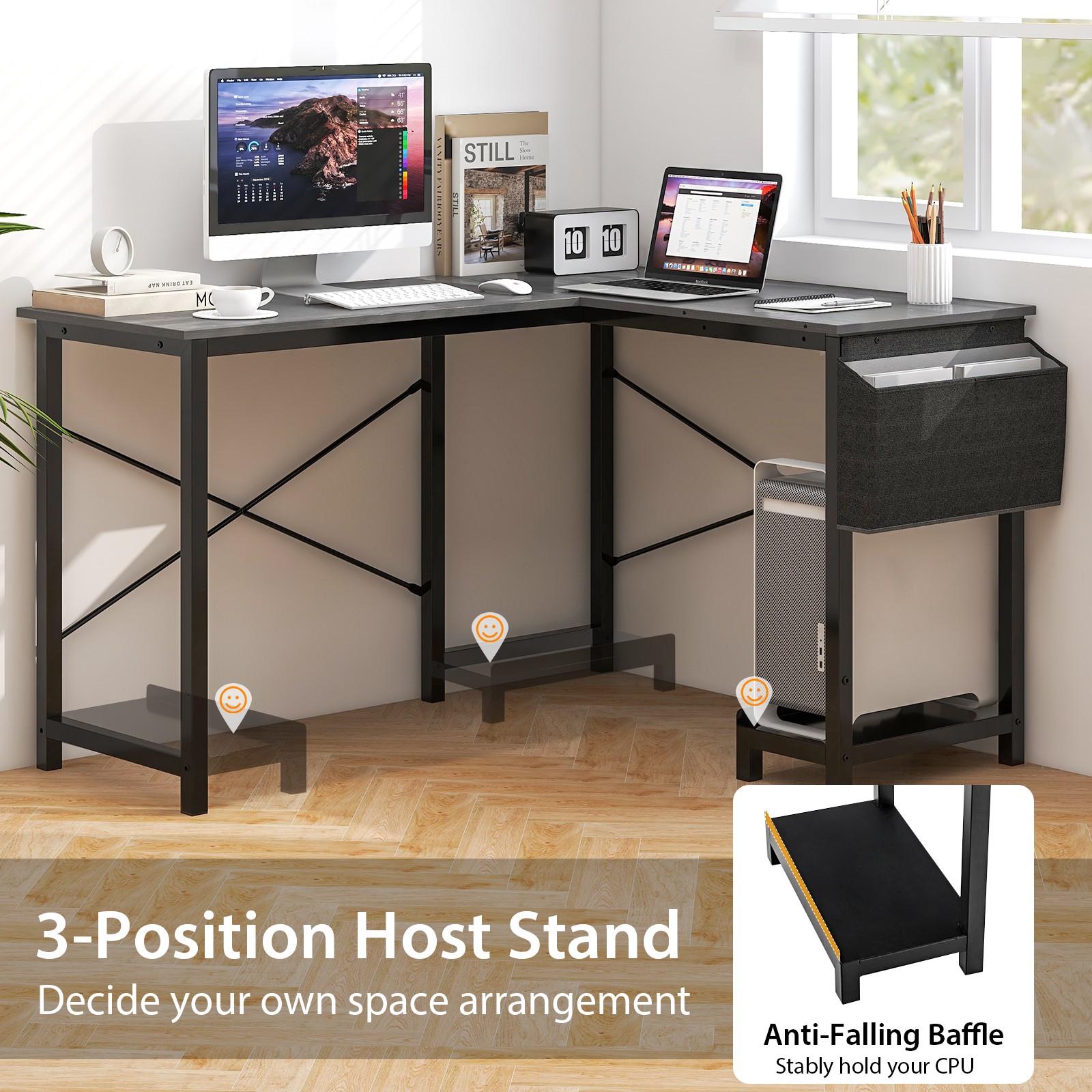 L-shaped Office Desk Corner Gaming Table w/ Storage Pocket & CPU Stand Dark Gray