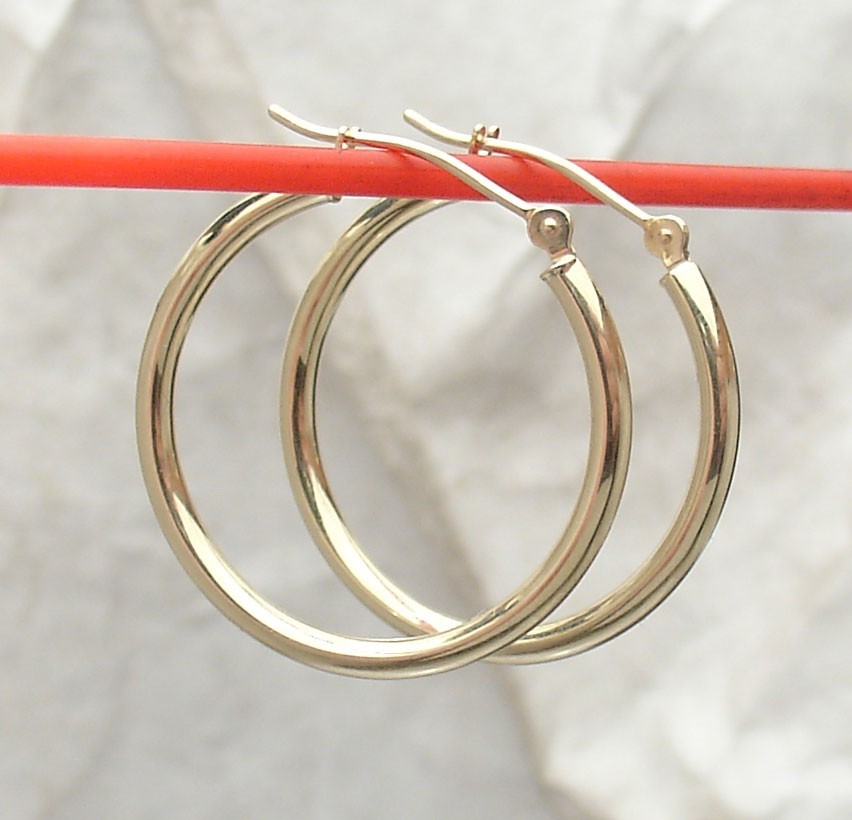 1"  Plain Shiny Hoop Earrings REAL 10K Yellow Gold  2mm X 25mm FREE SHIPPING