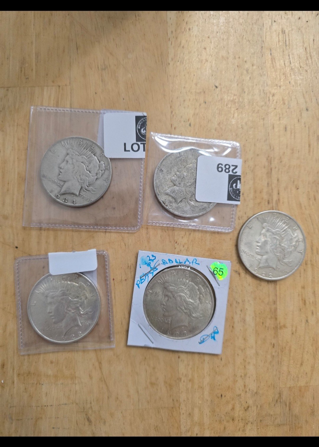 Lot Of 5 Silver Peace Dollars 1934 S Better Date, 1923, 3x 1922