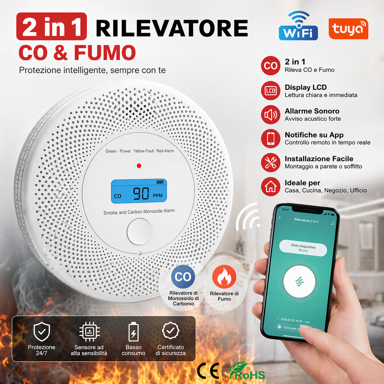 Tuya WiFi Smoke Detector Carbon Monoxide Sensor CO Fire Alarm APP
