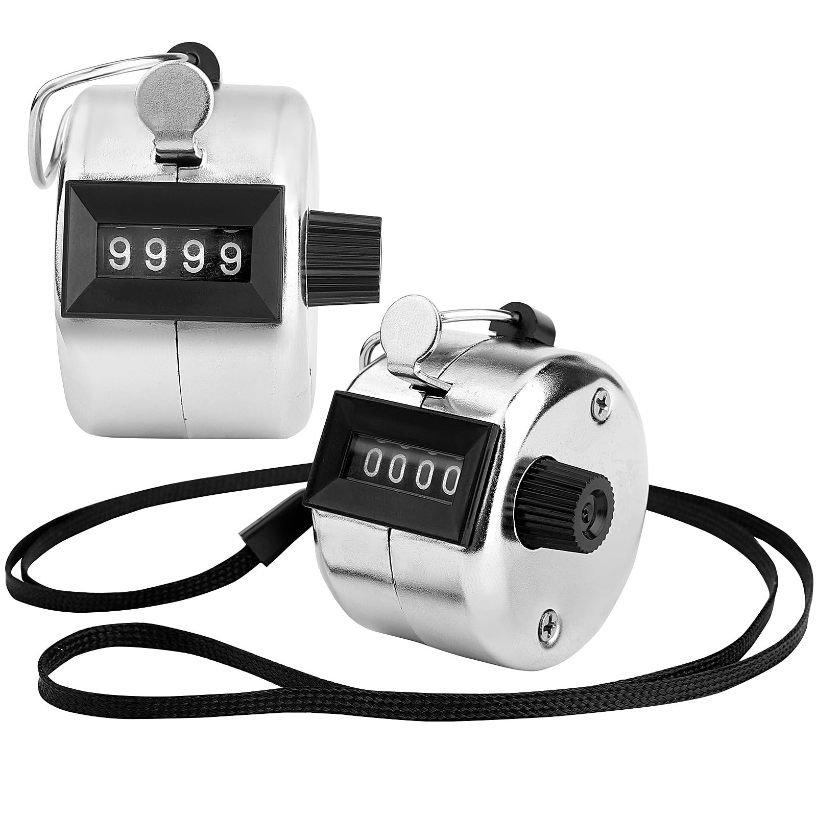4 Digit Hand Tally Counter 2 Pack Metal Mechanical Clicker Battery Free Lanyard
