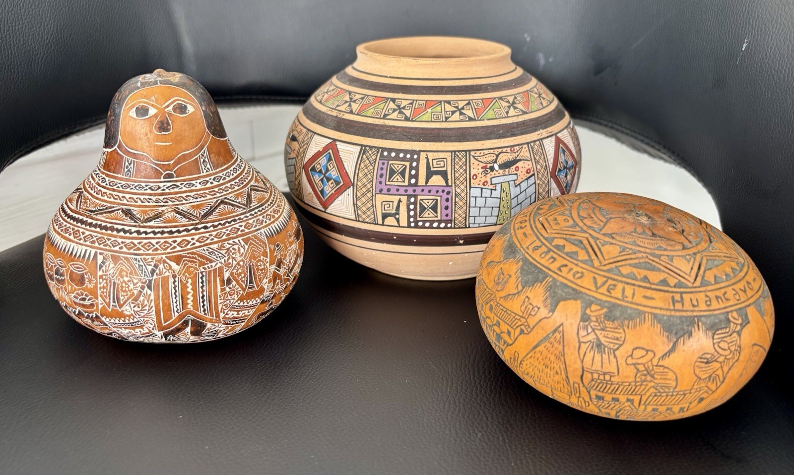 Peruvian Style Pottery & Etched Gourd Decor Bundle Signed Leoncio Veli