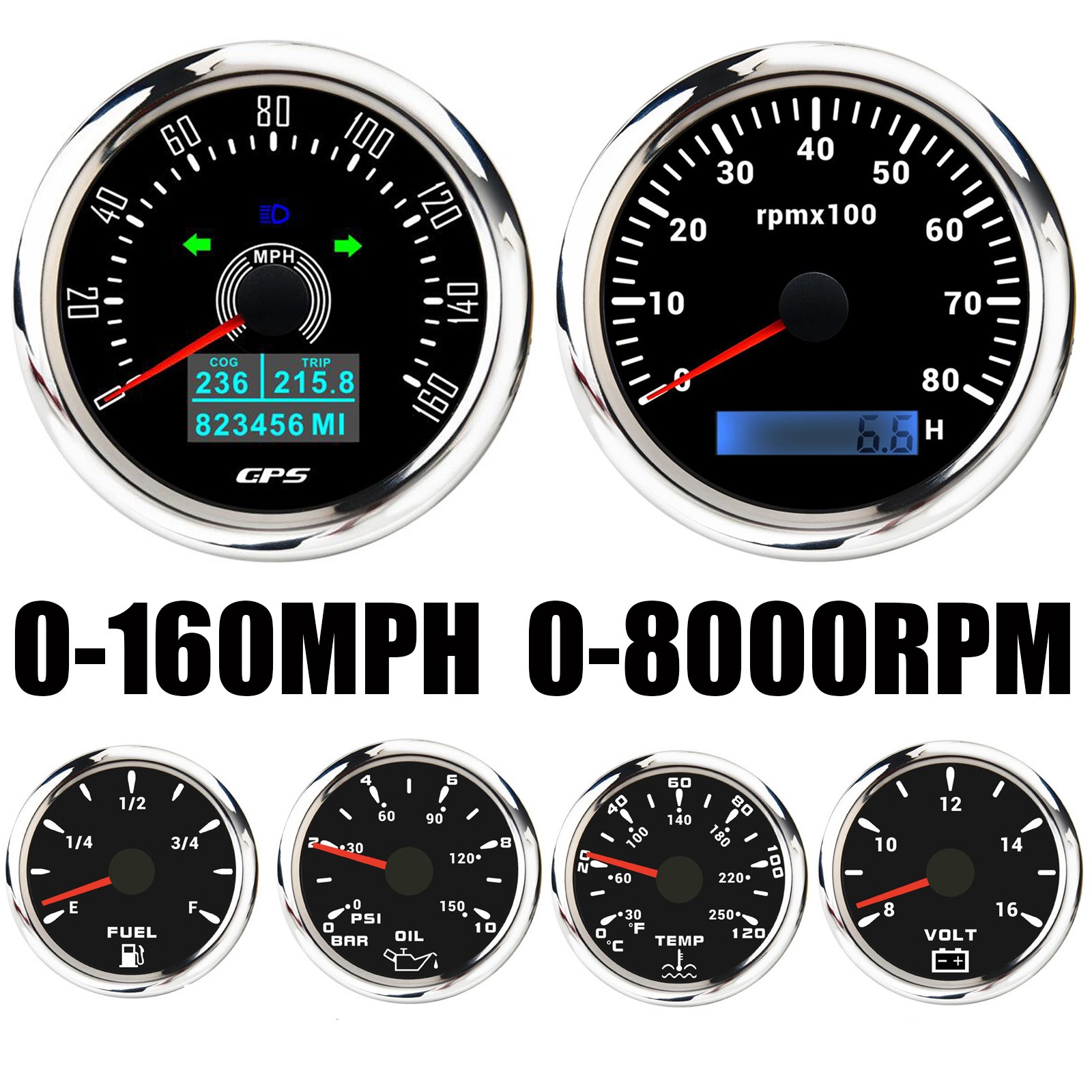 6 Gauge Set 85mm Boat GPS Speedometer 0-160MPH Tacho & 52mm Fuel/Oil/Temp/Volt