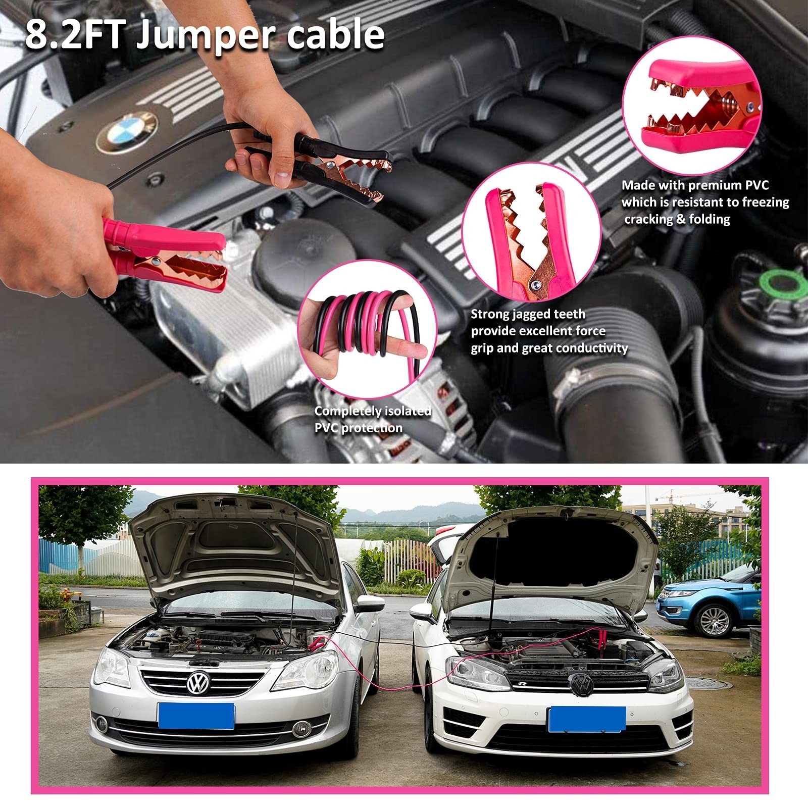 Pink Roadside Assistance Kit with Jumper Cable, Tow Rope, LED Road Flare, Dee...