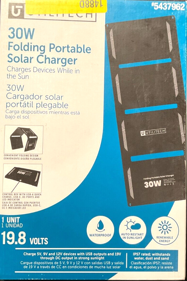 Utilitech 5437962 - 30 Watt Folding Portable Solar Charger - 19.8 Volts