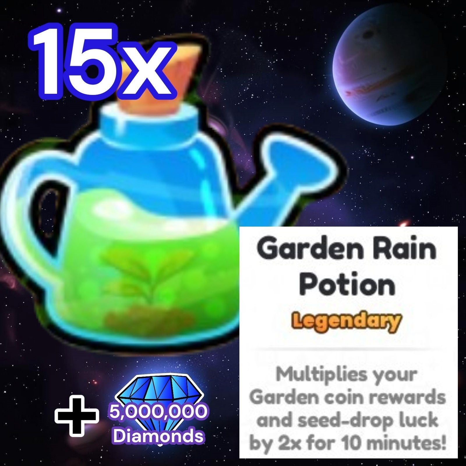 15x Garden Rain Potion I (Pets vs Coins Event) + 5m Diamonds. PS99