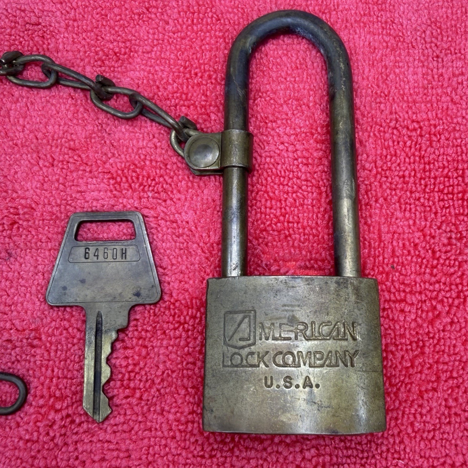 Vintage U.S. Military Brass Padlock , Chain & Key American Lock Co. USA 6460H