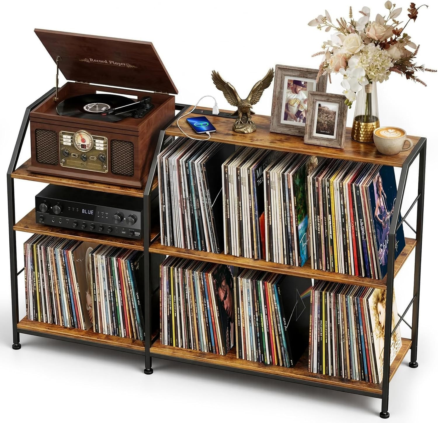 Large Record Player Stand with Vinyl Record Storage & Power Outlets, 500+ Albums