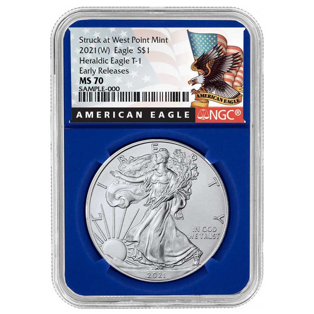 2021 (W) $1 Type 1 American Silver Eagle NGC MS70 ER Black Label Blue Core