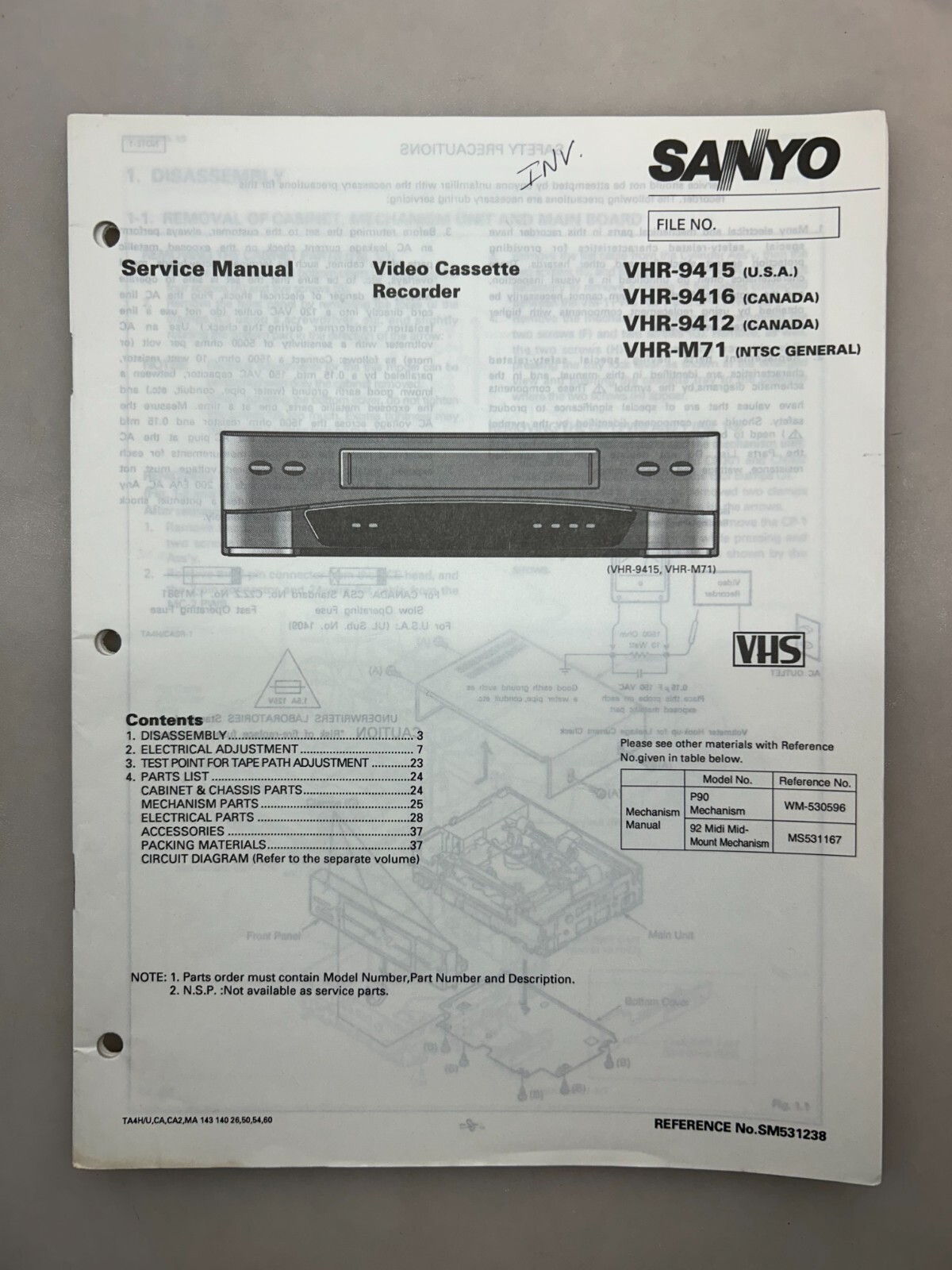 Sanyo VHR-9415 9416 9412 M71 Original Service Manual Free Shipping