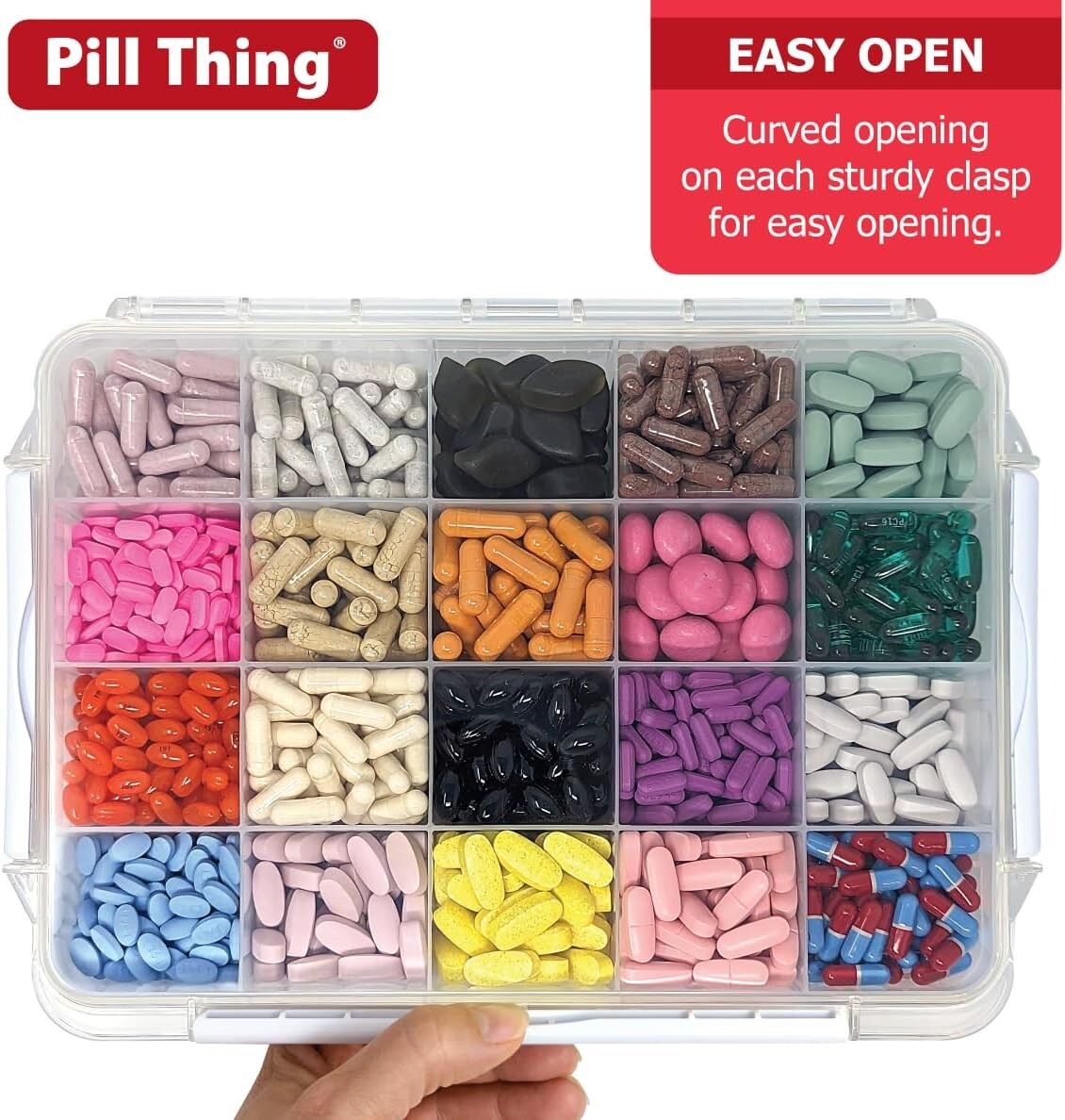 Large 20 Compartment Pill Case with Airtight Seal and Medication Map