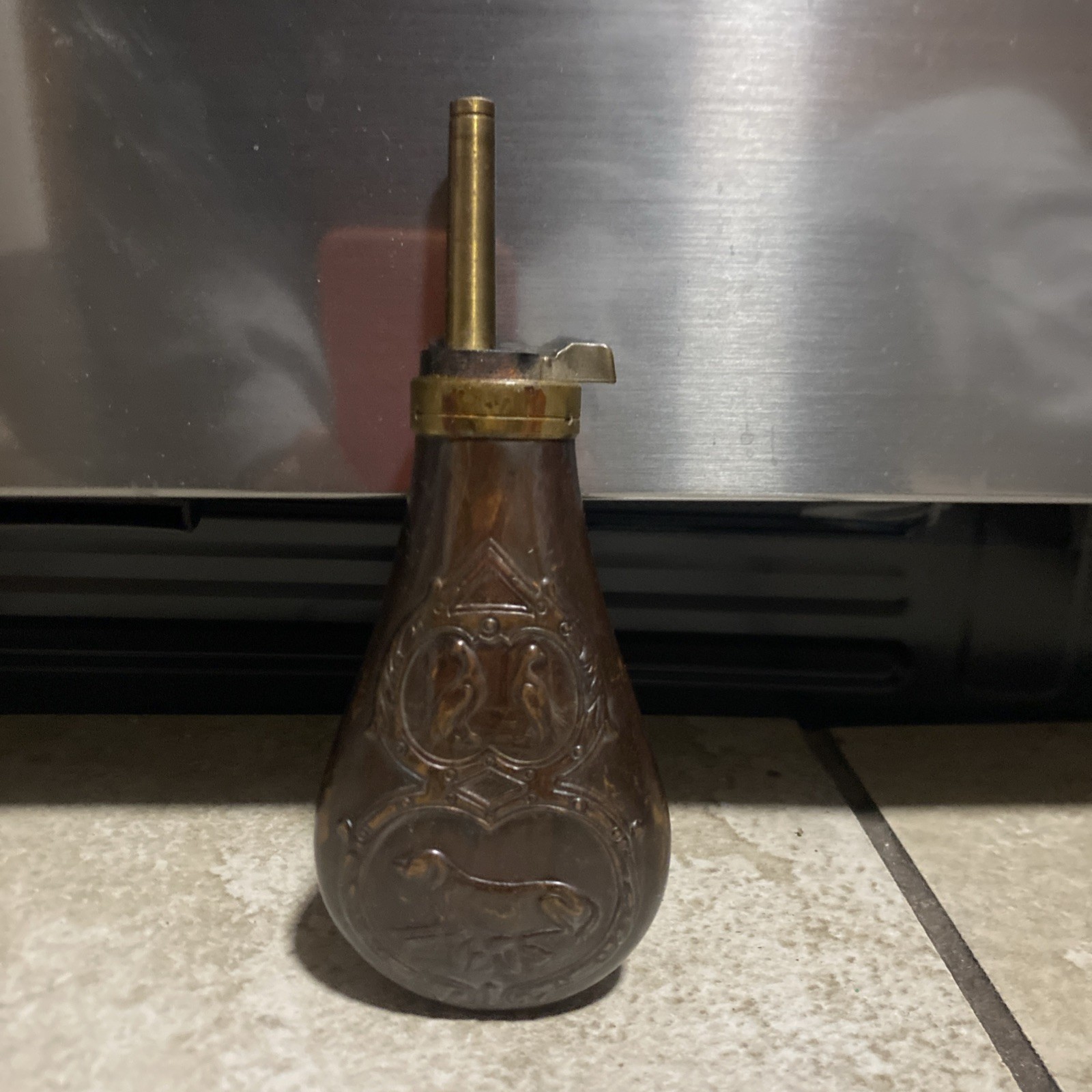 Vintage FLASK, Brass Rifle Shotgun Powder Flask Dog & Birds ,Black Powder.