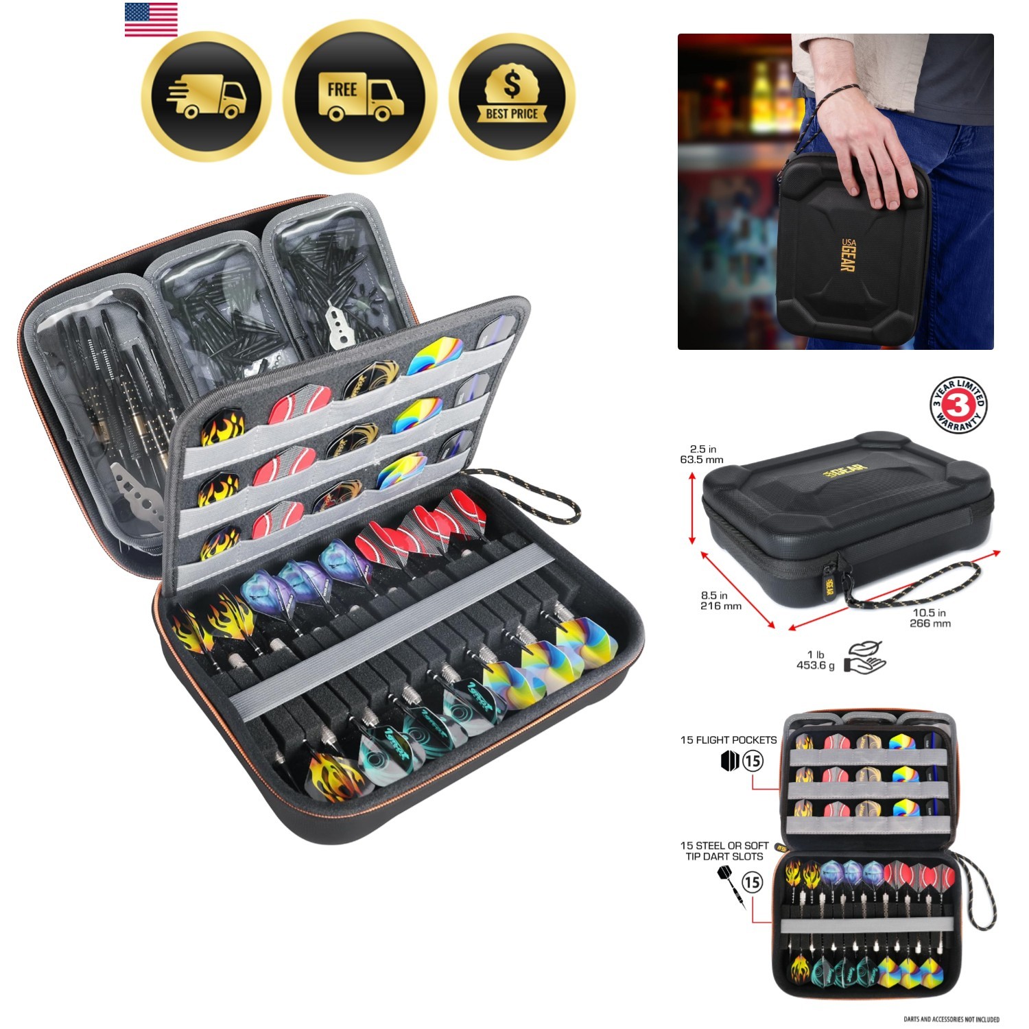 XL Semi Hard Shell Dart Case - Protective Case for 15 Piece Dart Set, Tips, F...