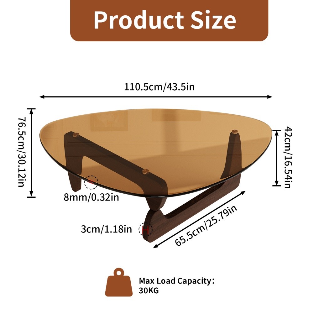 Noguchi Coffee Table Triangle Glass Top Premium Solid Hardwood Base Dark Walnut