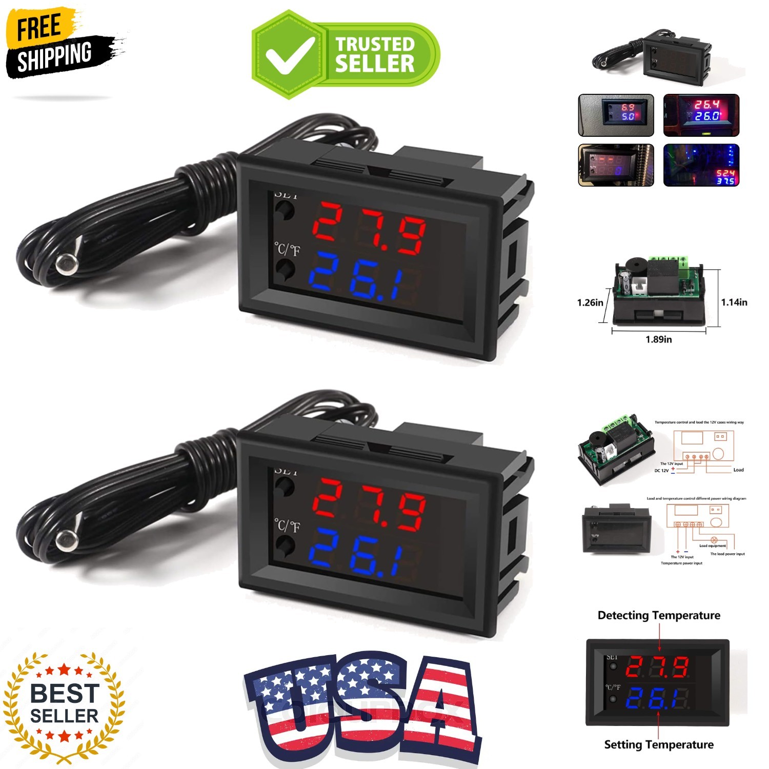 2PCS Temperature Controller -50 to 110 Celsius -58 to 230 F DC 12V Programmab...
