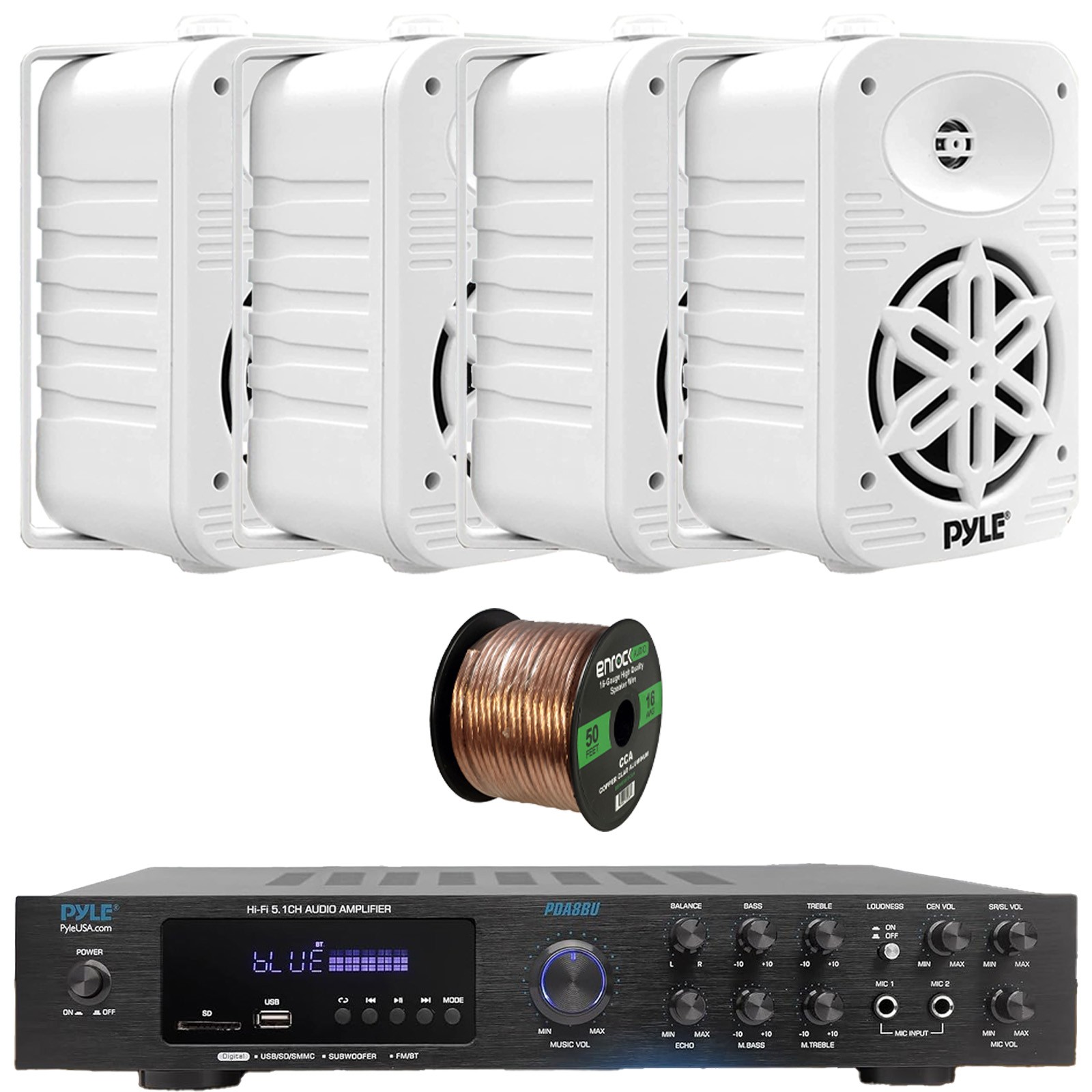 Pyle PDA8BU 5.1 Bluetooth MP3 Receiver, 4x 5.25" 500W 2-Way White Speakers, Wire