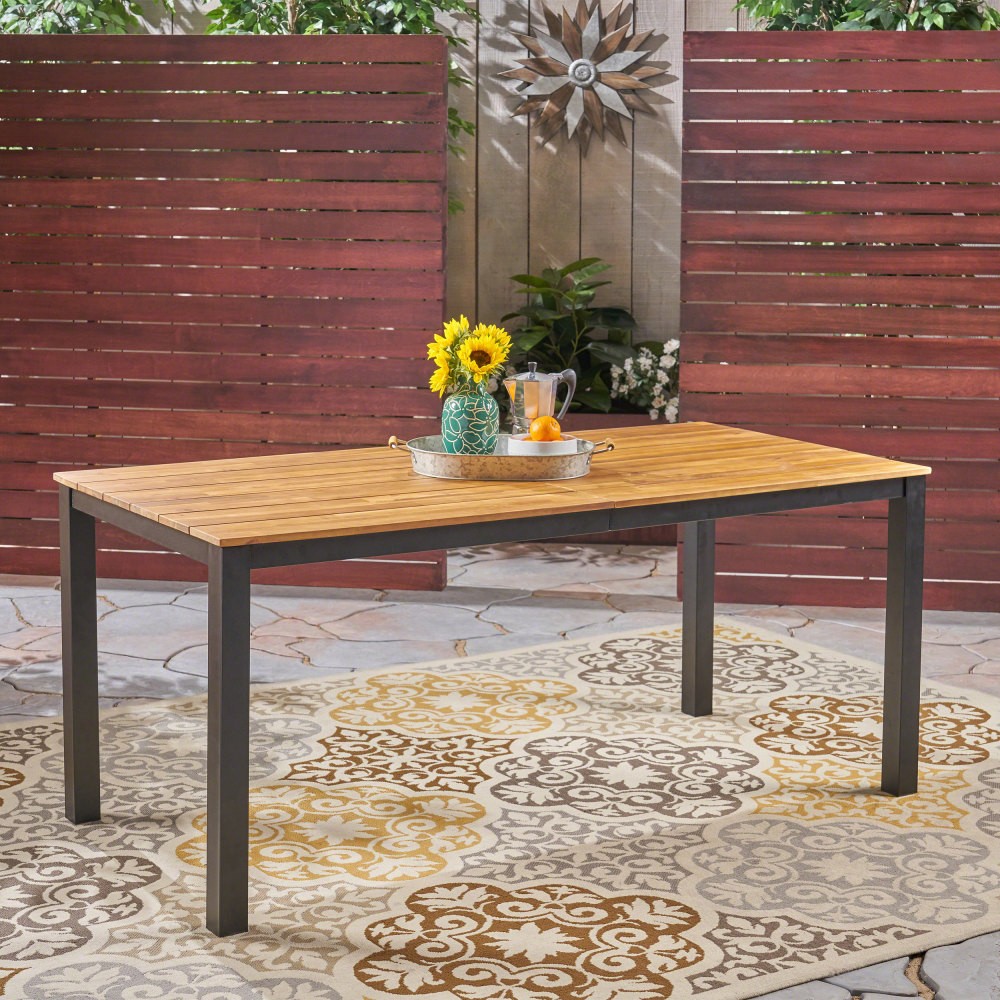 71" Acacia Wood Outdoor Dining Table Metal Leg Farmhouse Patio Table