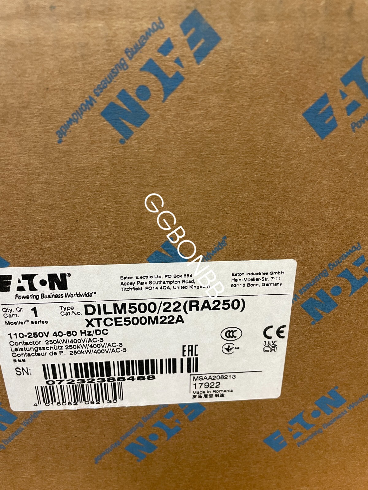 NEW Eaton  DILM500/22 (RA250)  XTCE500M22A CONTACTOR 250KW/400V/AC3 FedEx or DHL