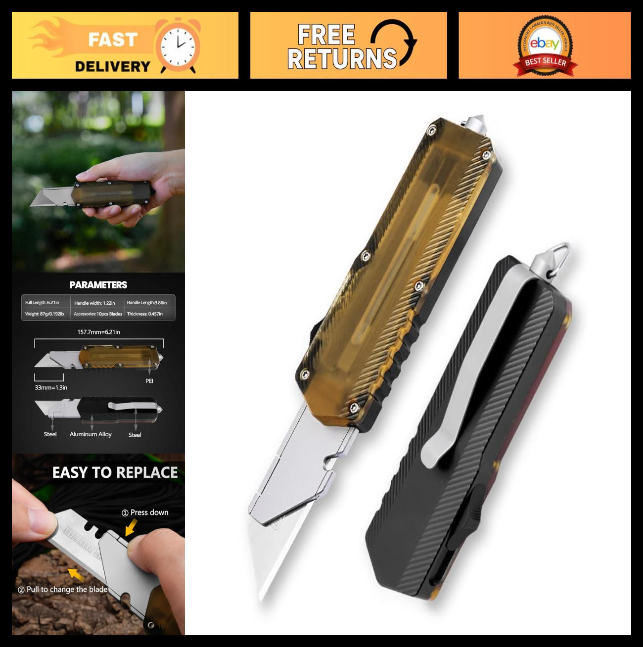 Retractable Aluminum Utility Knife, EDC Pocket Box Cutter, Replaceable Blades, 1