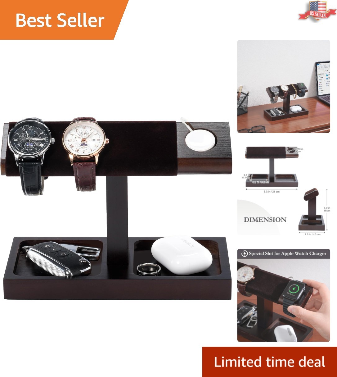 Fully Assembled Wooden Watch Rack with Charging Groove - Dark Brown Finish