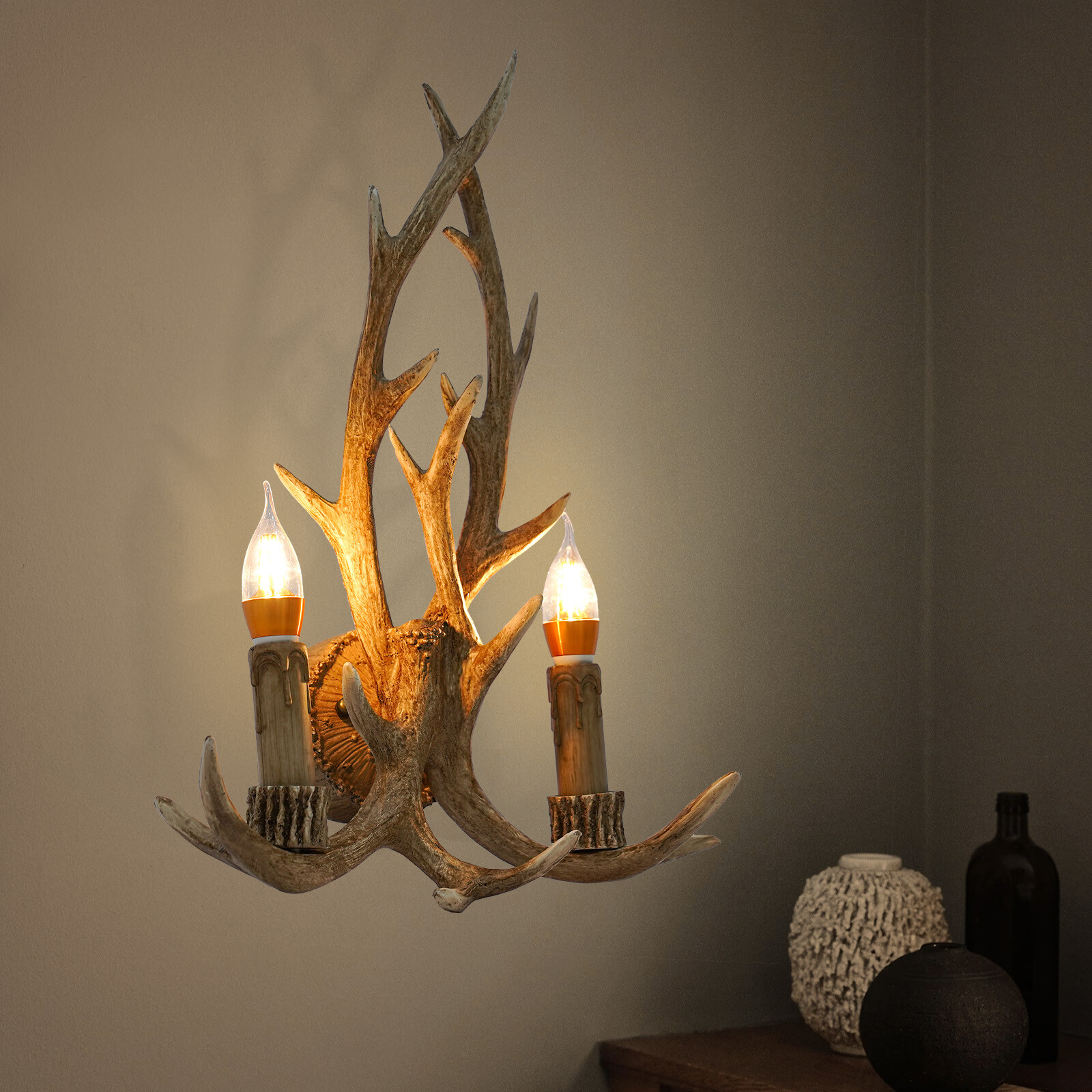Resin Antler Wall Light Fixture Vintage Retro Deer Horn Sconce Lamp Home Decor