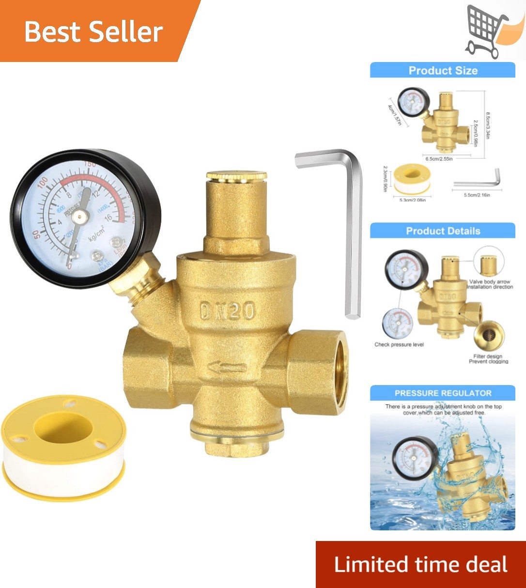 Water Pressure Regulator Brass 3/4 Inch Adjustable Gauge Home Use