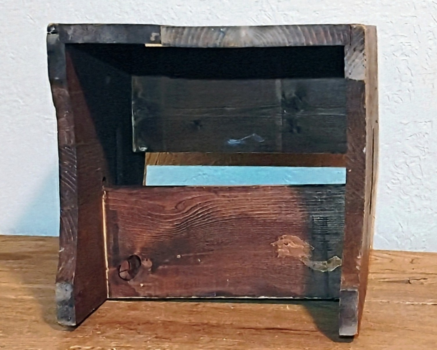 Antique Handmade Wooden Step Stool with Handle Rustic Brown Stained Portable