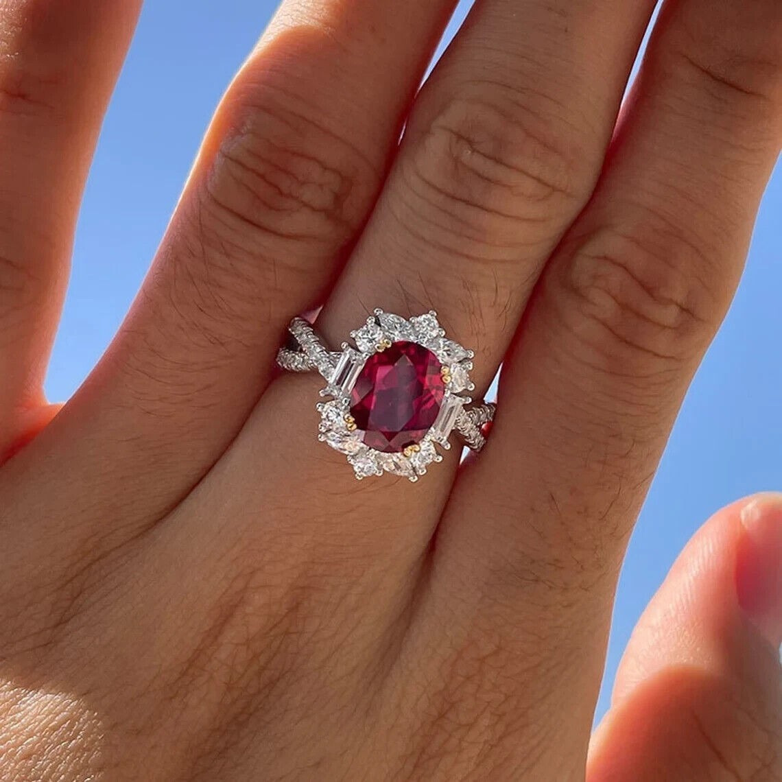 4.60 Ct Oval Cut Natural Ruby & Diamond Wedding Ring 14K White Gold Size 8