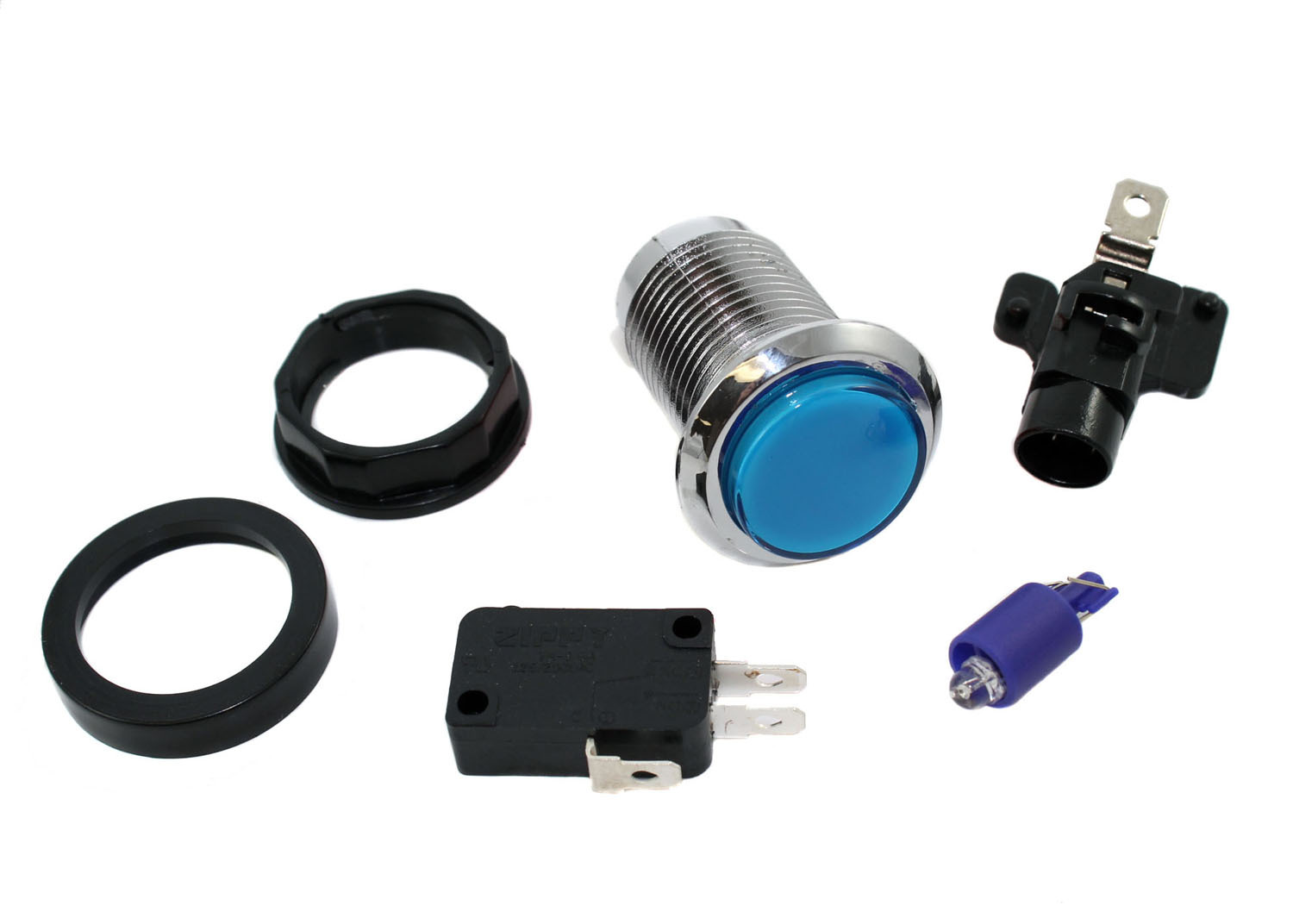 Blue LED Arcade Pushbutton with Chrome Bezel