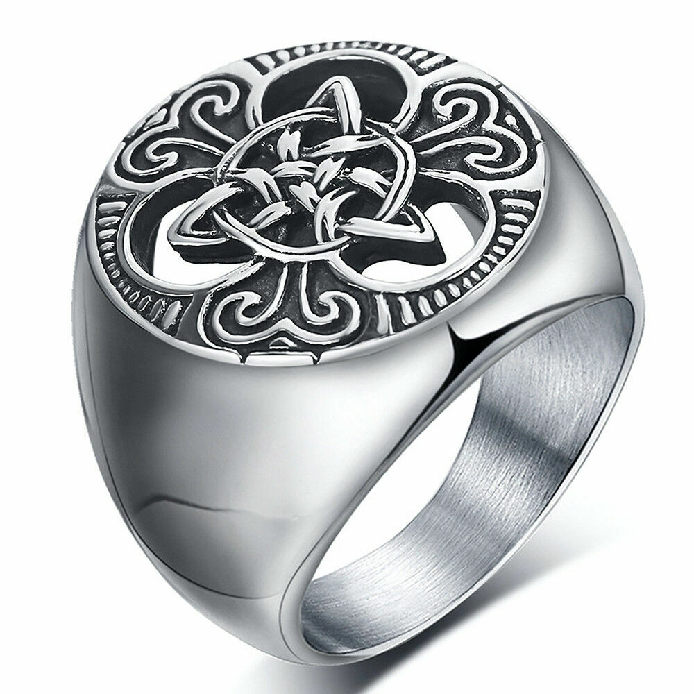 Retro Mens Stainless Steel Ring Round Celtic Knot Signet Rings US Size 7-15