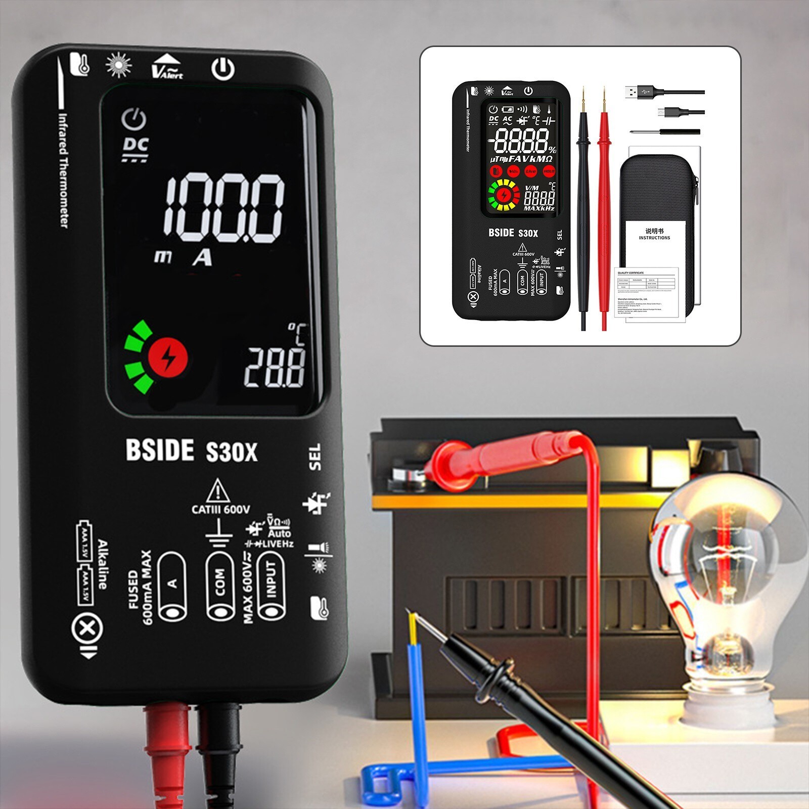 BSIDE S30X Digital Multimeter DC AC Volt Current Ohm Resistance Tester Handheld