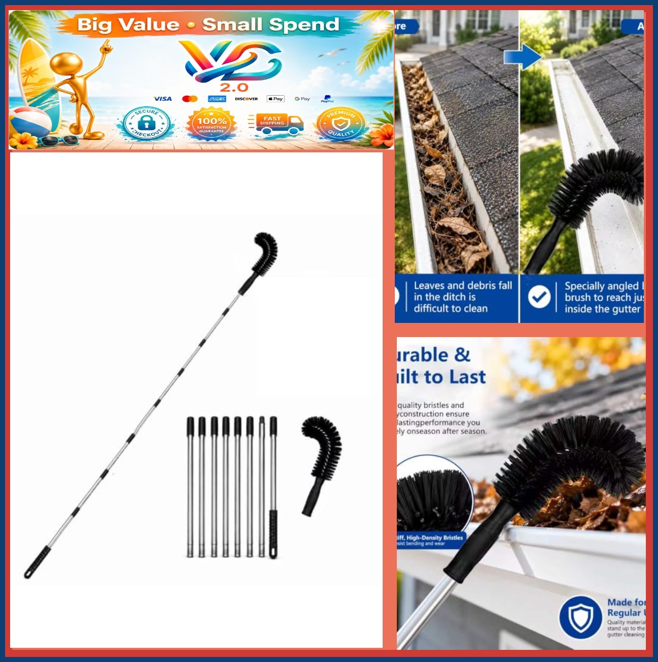 NEW 10.42 FT Gutter Cleaning Brush with Adjustable Pole No Ladder Needed