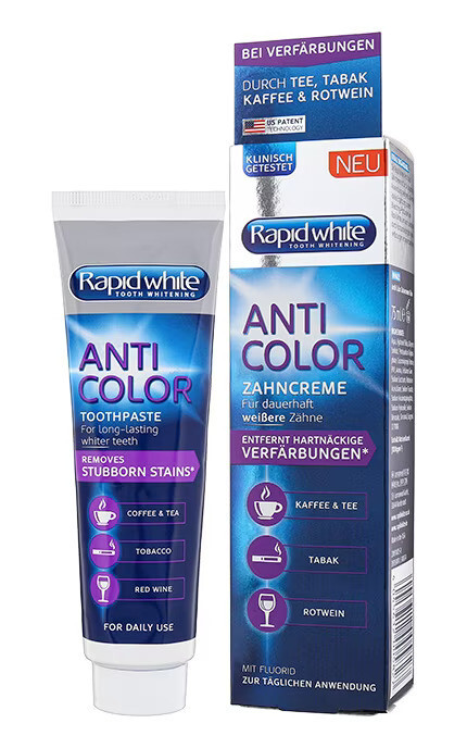 RAPID WHITE ANTI COLOR Daily Whitening Toothpaste Removes Stubborn Stains 75ml