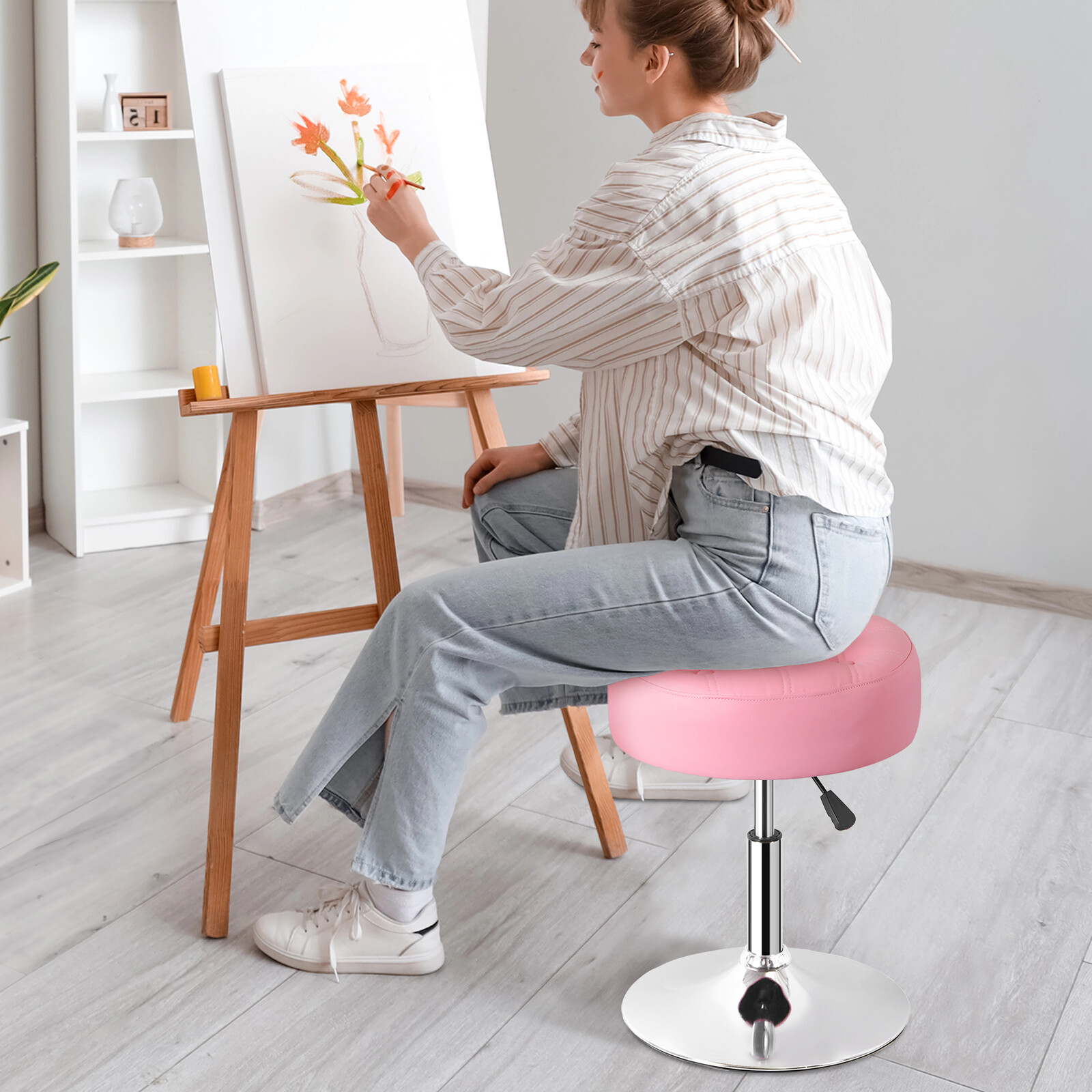 2 PCS Pink Vanity stool for Makeup Room Adjustable Height PU Leather Bar Stool