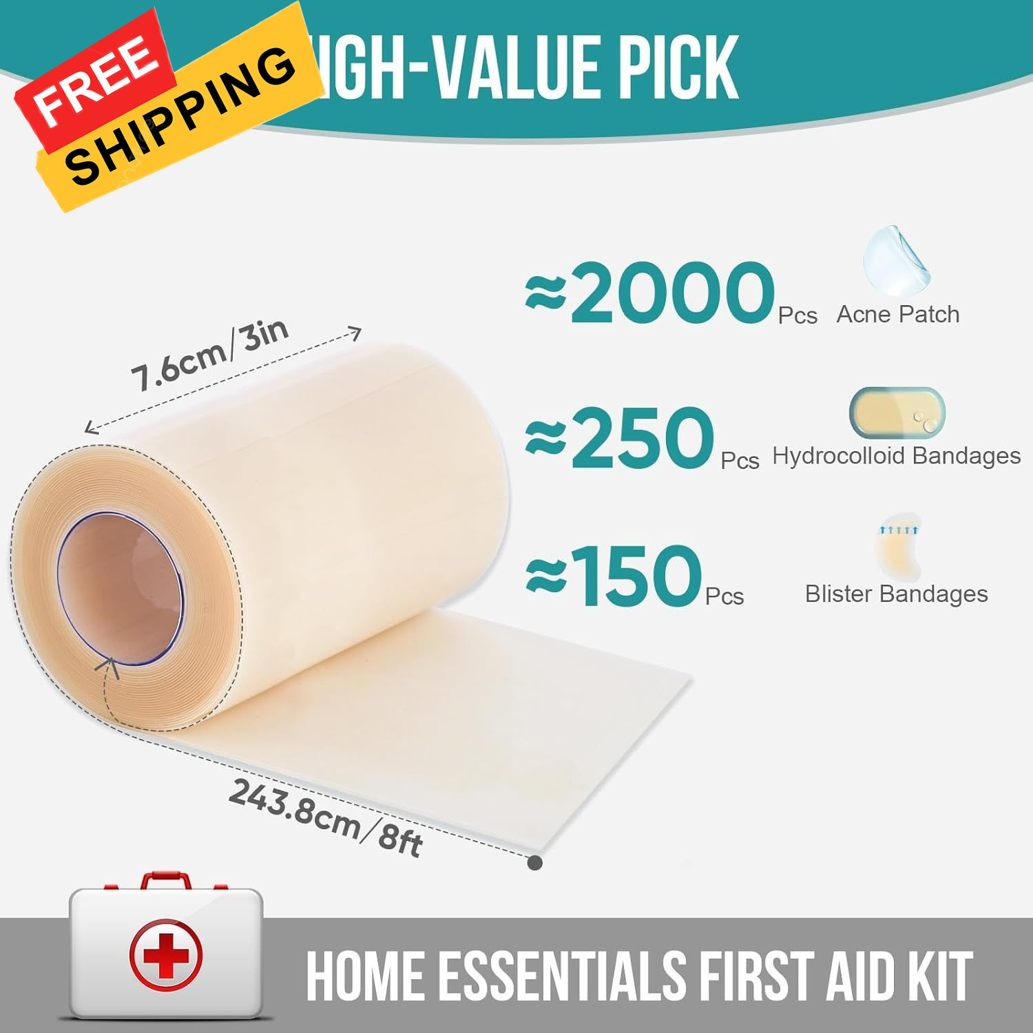Hydrocolloid Roll for Wound Care, Patch Bandages with 3in x 8ft