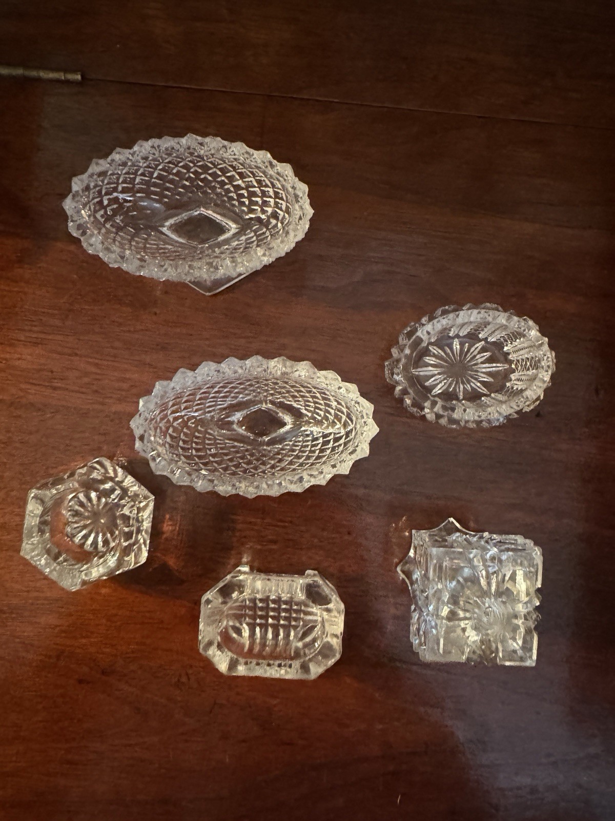 Cut Glass Salters  - 6 Assorted , one with Glass Spoon- Excellent Condition