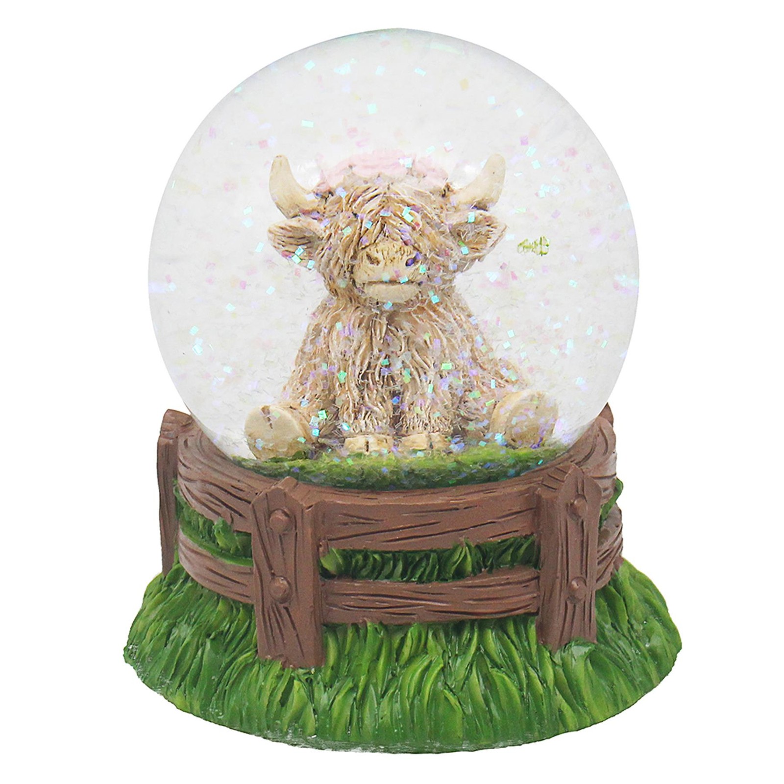 Highland Cow Glitter Water Ball 9cm Snow Globe Ornament - Flowers